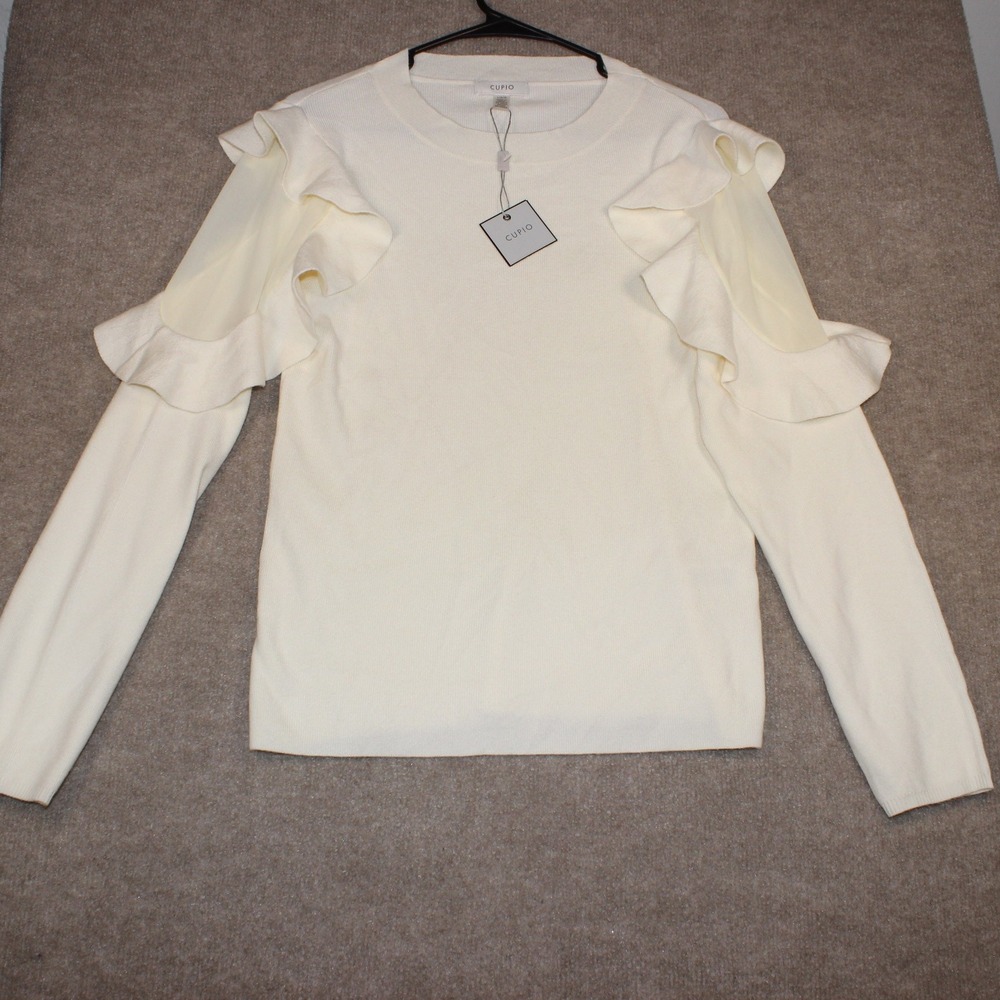 Cupio Cream Ivory Ruffle Cold Shoulder Mesh Insert Ribbed Knit Sweater Large NWT